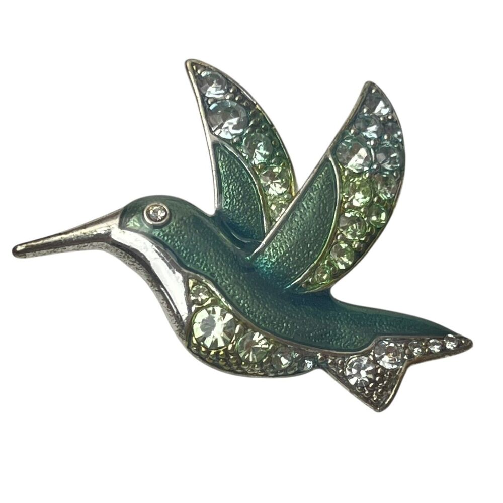 Liz Claiborne Hummingbird Blue Green Enamel‎ Rhinestone Silver Tone Brooch Pin